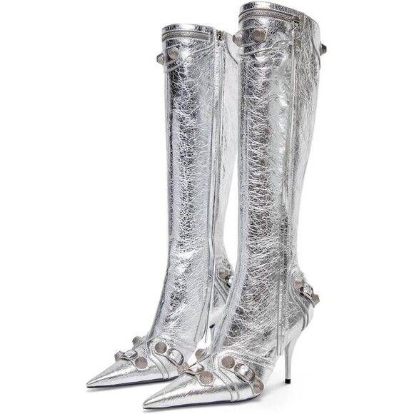 Women's Faux Leather Silver Stiletto Knee High Pointed Toe High Heel Zipper Boot - Picture 1 of 7